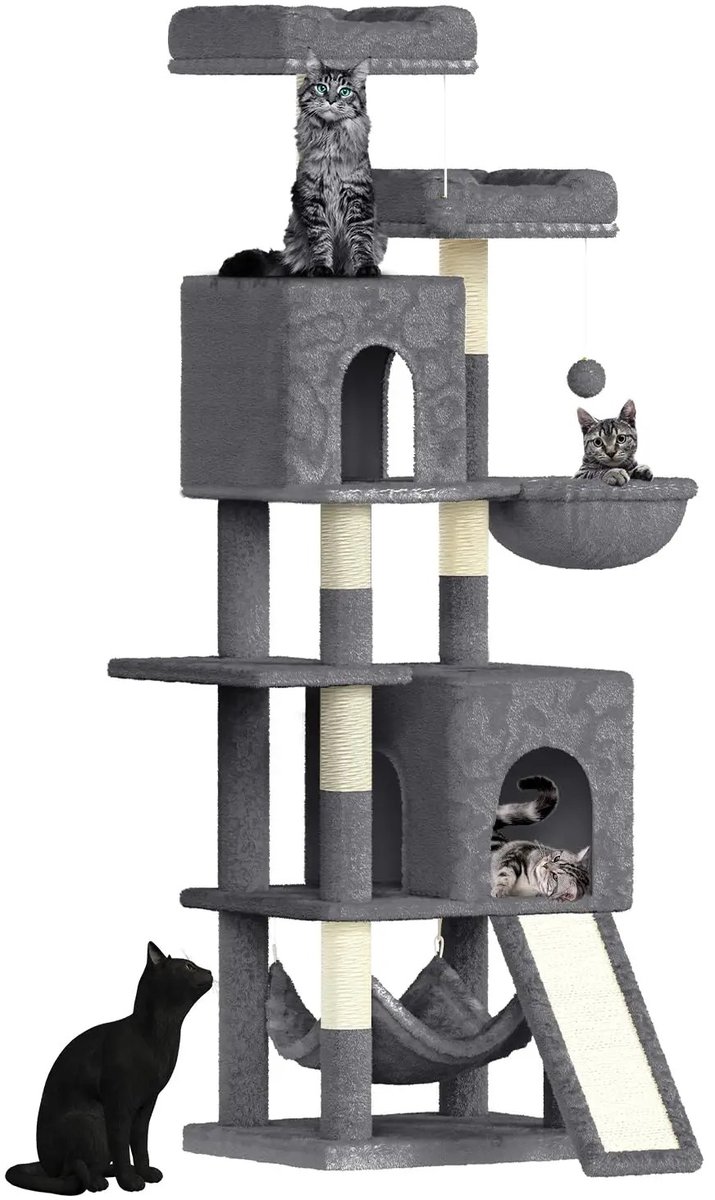 M-Goods - Krabpaal Kattenboom 158 cm – XXL Kattenkrabpaal met 7 Sisalpalen, 2 Huisjes & Hangmat – Multi-Level Klimtoren – Grijs