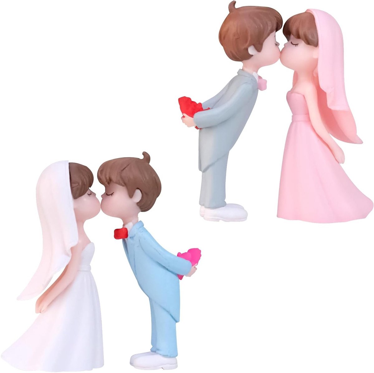 Decoraties voor Bruidstaart - 4 Pcs Paar Figuren - Blauw en Wit - Grijs en Roze - PVC Materiaal - Veelzijdige Taarttopper voor Bruiloft - Verjaardagsfeest - Cadeaus