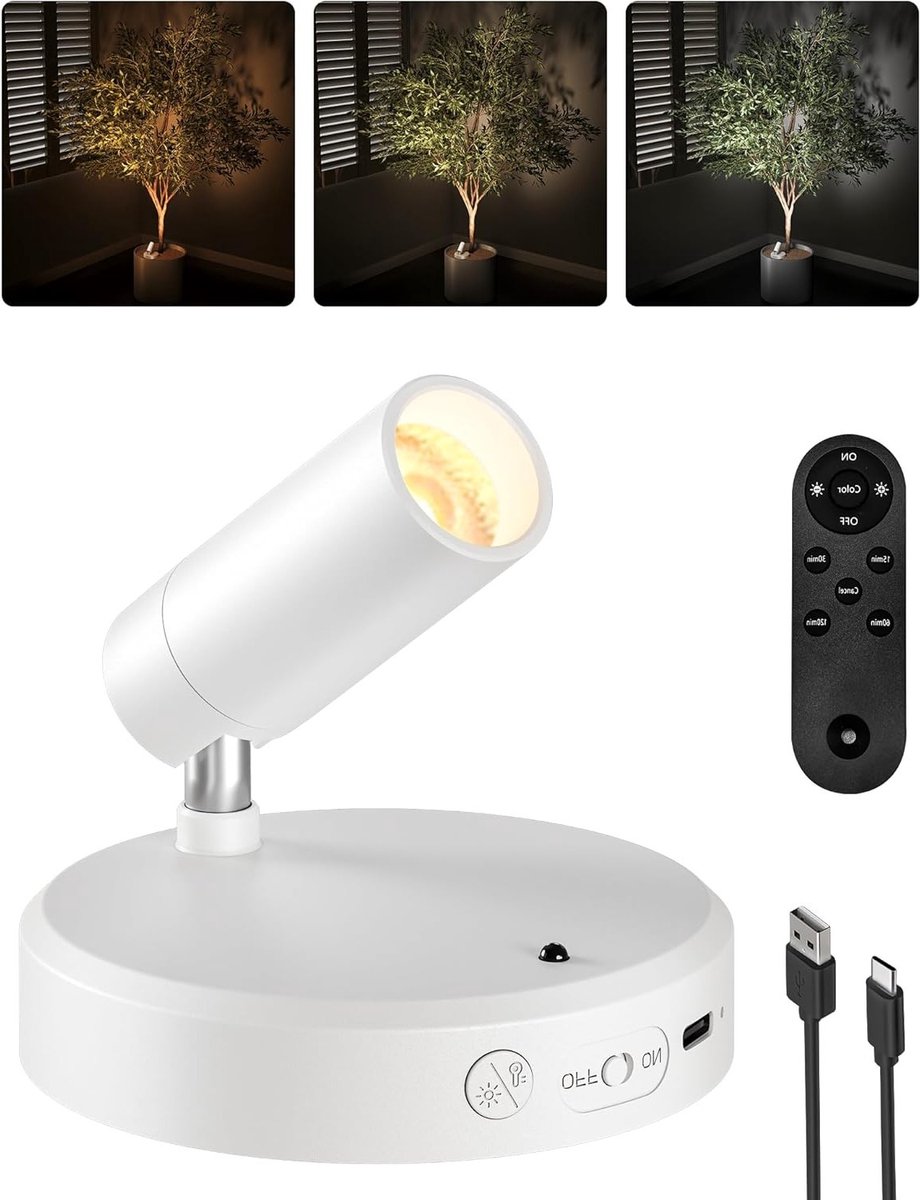 Dimbare Draadloze Wandspot met Afstandsbediening en Timerfunctie, Oplaadbare 350° Rotatie, Ideaal voor Foto- en Plantenverlichting, 5500mAh, 3 Kleuren