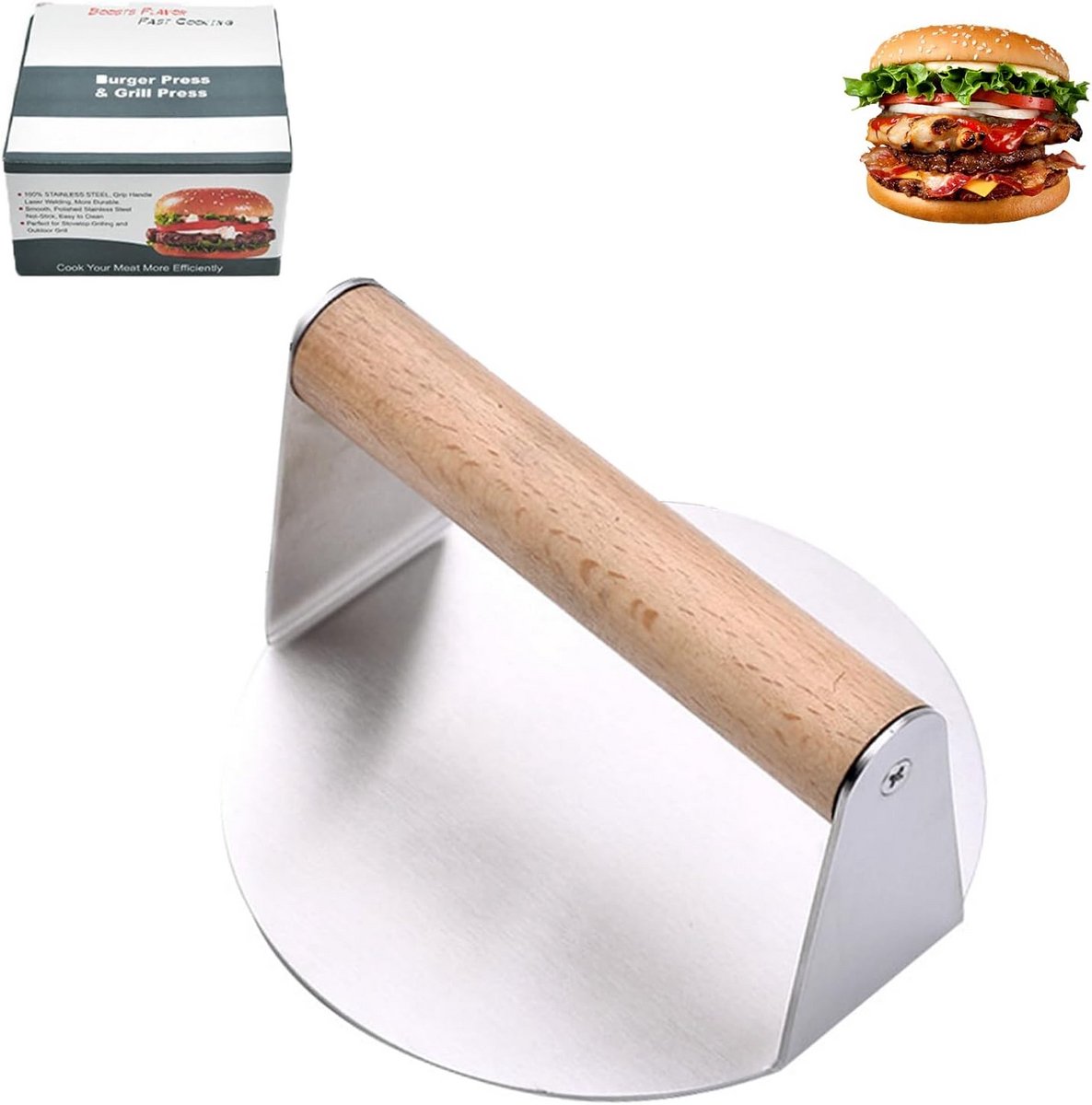 5,5 Inch 304 RVS Burgerpers met Houten Handvat - Smash Burger Smasher voor Platte Grill