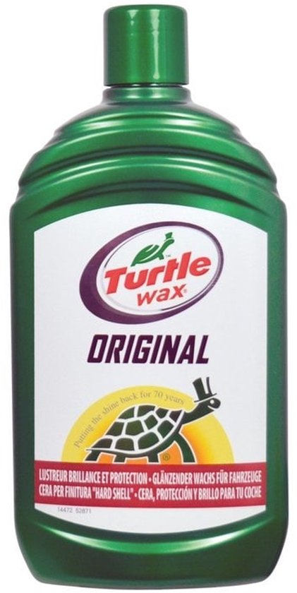 Groene fles Turtle Wax Original met schildpad logo en tekst 'Putting the shine back for 70 years'.