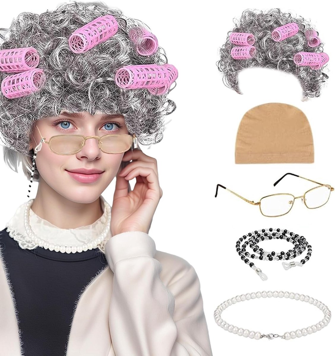 Grijze Oma Kostuum Set met Perlenketting, Bril en Accessoires voor Carnaval en Cosplay