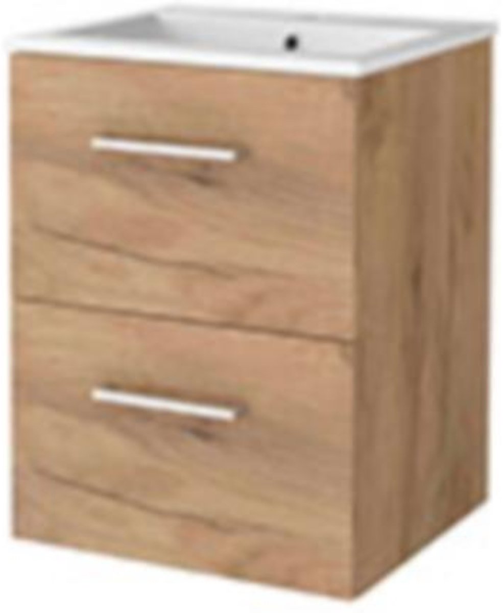 Basic-Line Start 46 Badkamermeubelset - 50 x 46 cm - Met Grepen - 2 Lades - Keramische Wastafel - 1 Kraangat - Whisky Oak