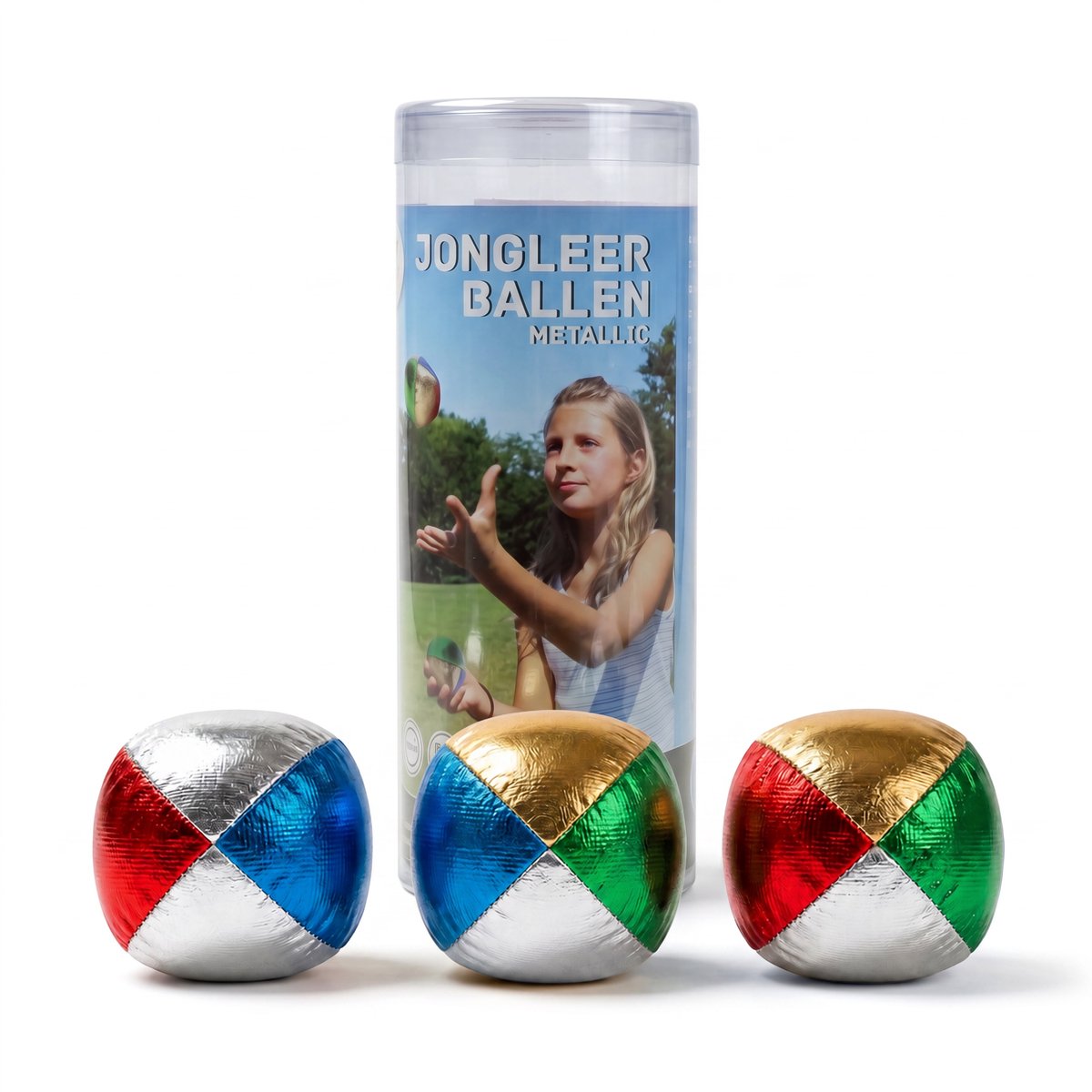 Jongleerballen Metallic 2,5" – Vierkleurig (Blauw, Rood, Geel, Groen) – Set in Transparante Koker – Jongleer- & Goochelspel – Engelhart