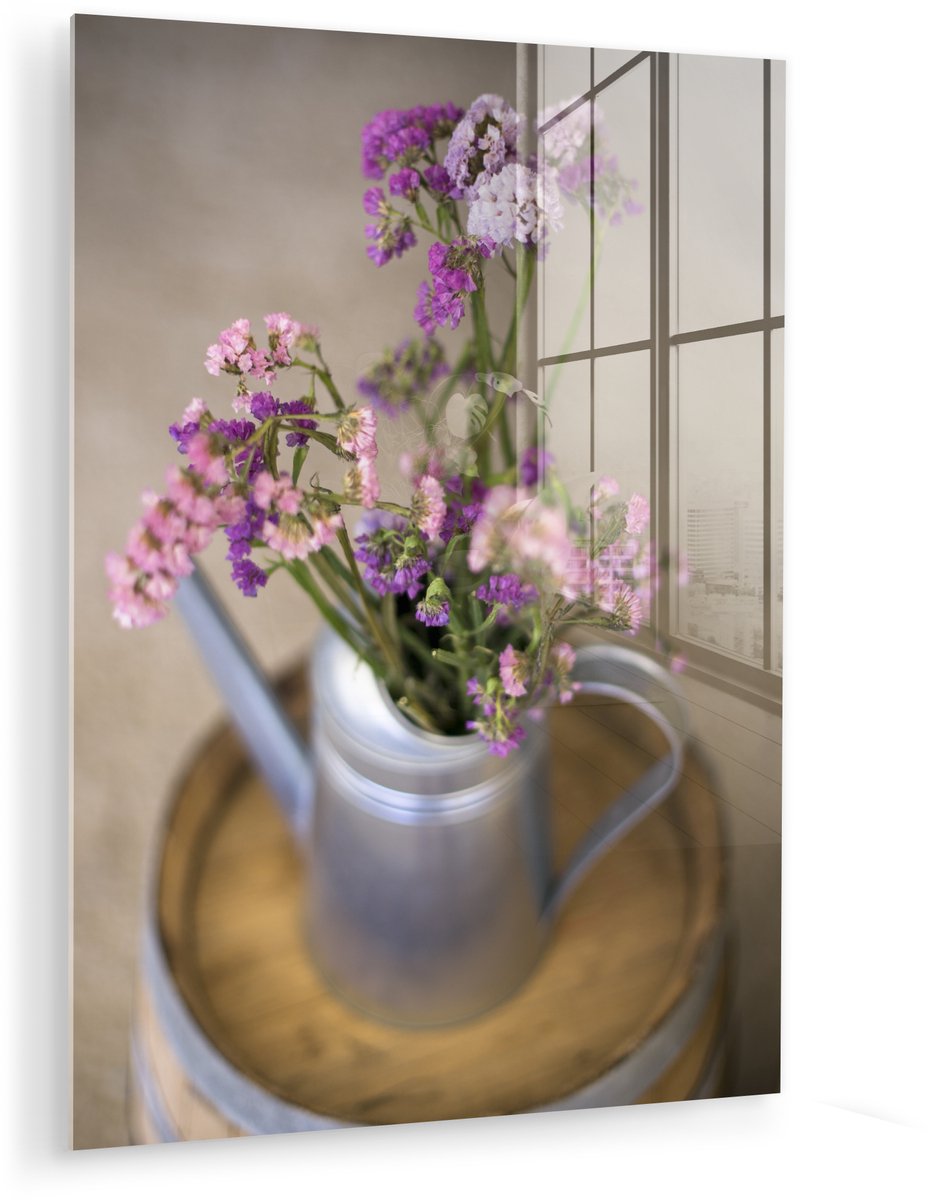 ® Glasschilderij 120x160 cm - Schilderij acrylglas - Gieter - Bloemen - Paars - Foto op gl