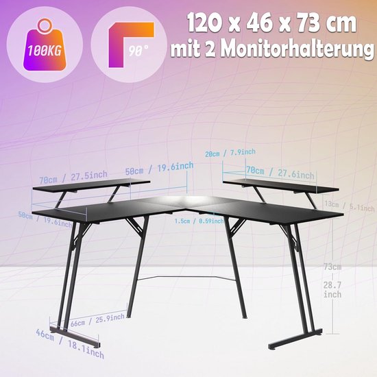 Gamingtafel, computertafel, groot bureau, L-vormig hoekbureau, gamingtafel, pc-tafel, royaal werkblad met beeldschermhouders, 120 x 73 x 46 cm — afbeelding 3