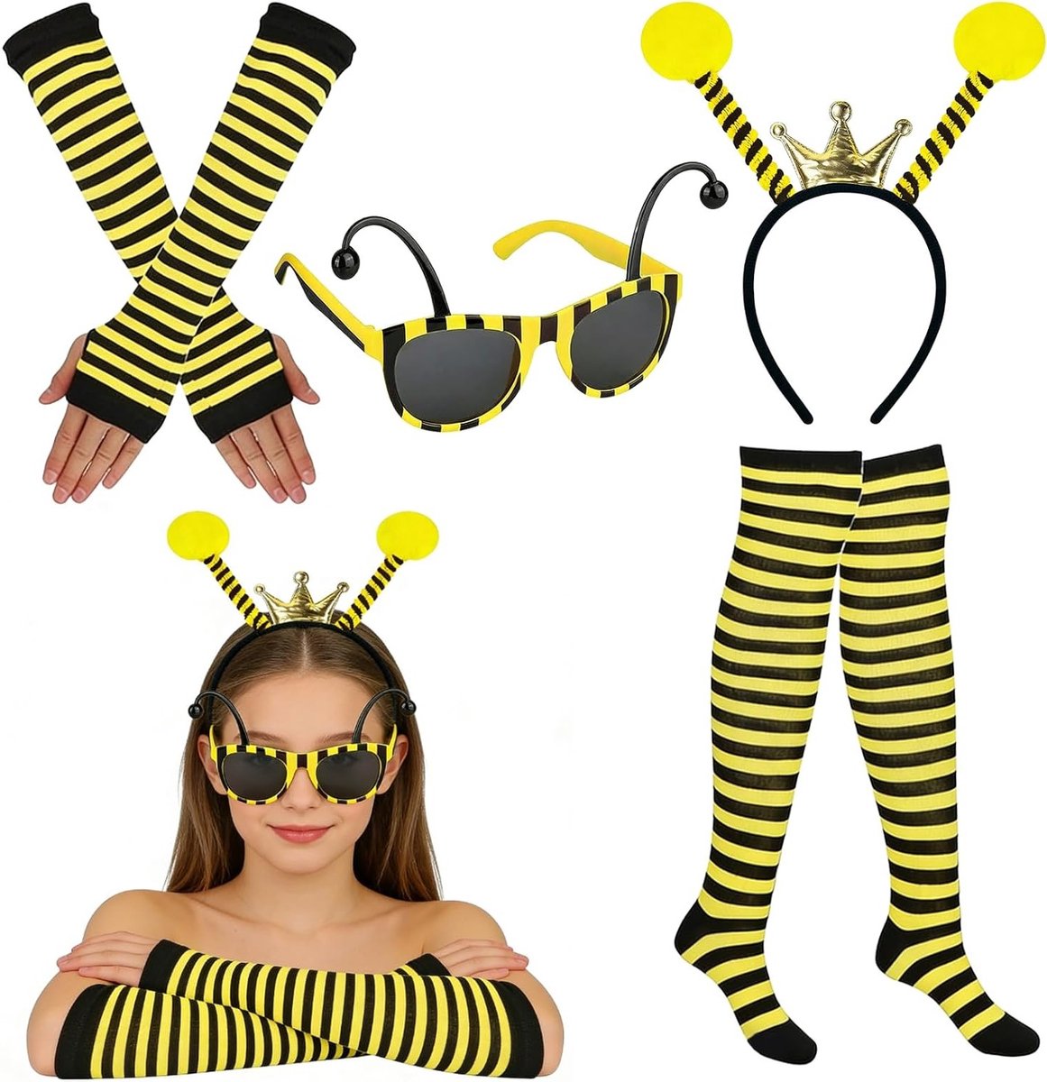 Carnaval Kostuum Set voor Dames en Meisjes met Haarband, Bril en Vingerloze Handschoenen