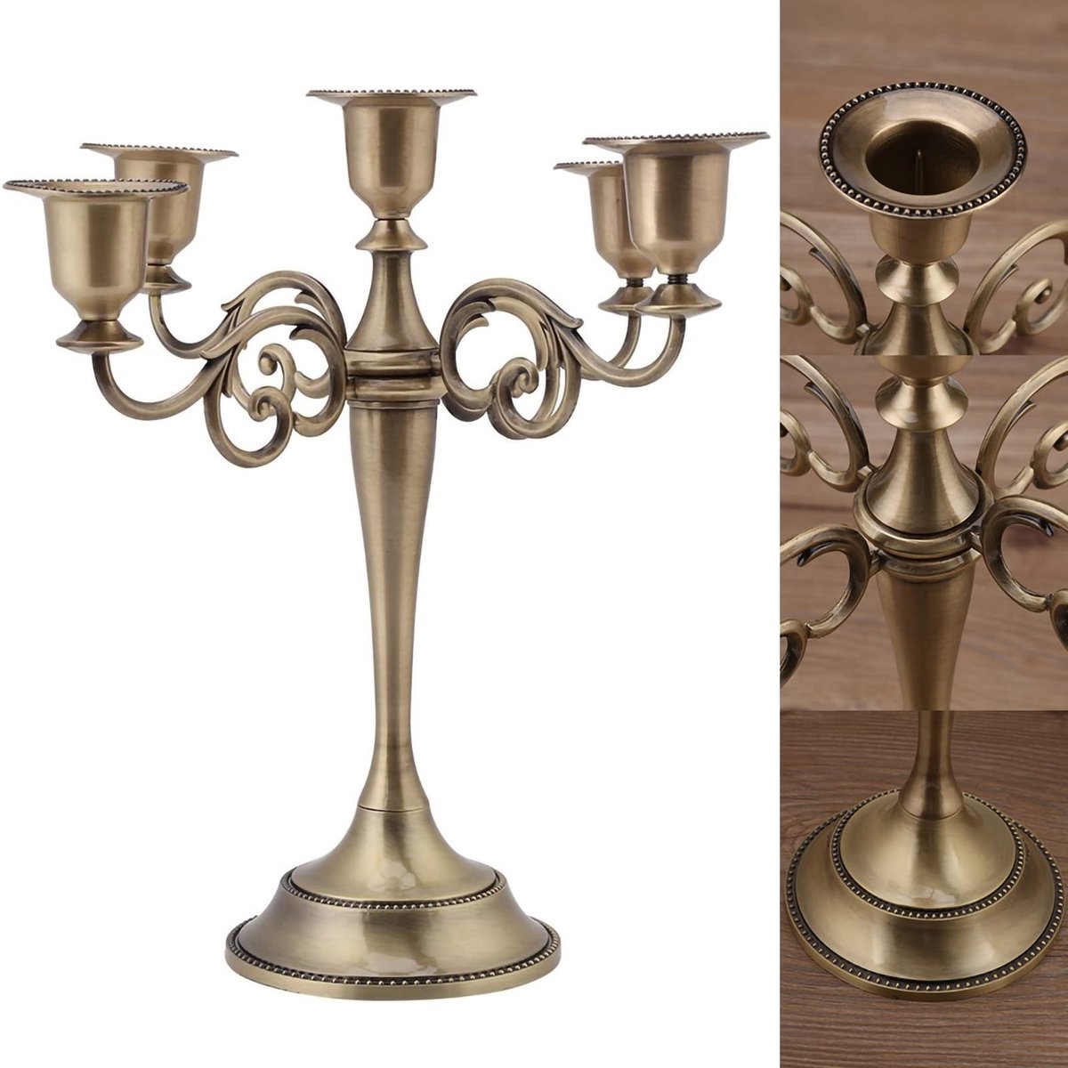 aladdien - Kaarsenhouder - 5-Arms Kandelaar - Elegante Decoratie - Brons - Vintage Stijl - Voor Bruiloft en Diner - 27 x 26 cm