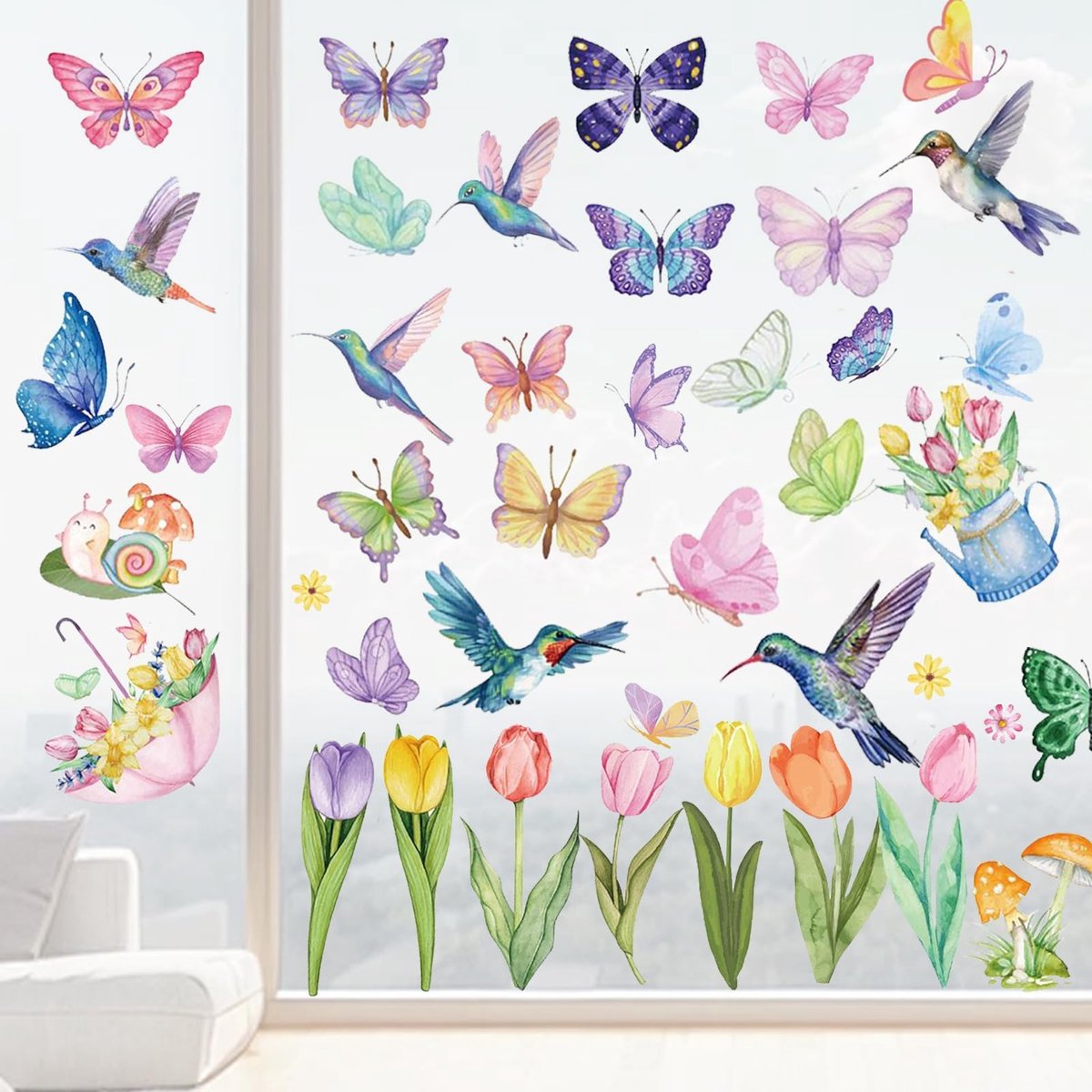 aladdien - Raamstickers met Bloemen en Vlinders - 8 Vellen PVC Static Clings - Decoratie voor Keuken en Badkamer - Kleurrijk en Creatief - Makkelijk..