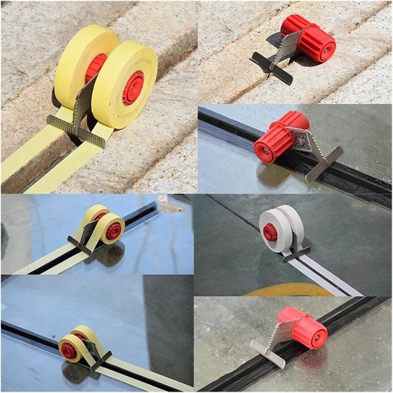 Collage van een tape dispenser met gele en witte tape, gebruikt op verschillende ondergronden.
