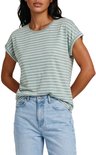 Vrouw draagt een groene gestreepte top met opgerolde mouwen en een blauwe jeans.