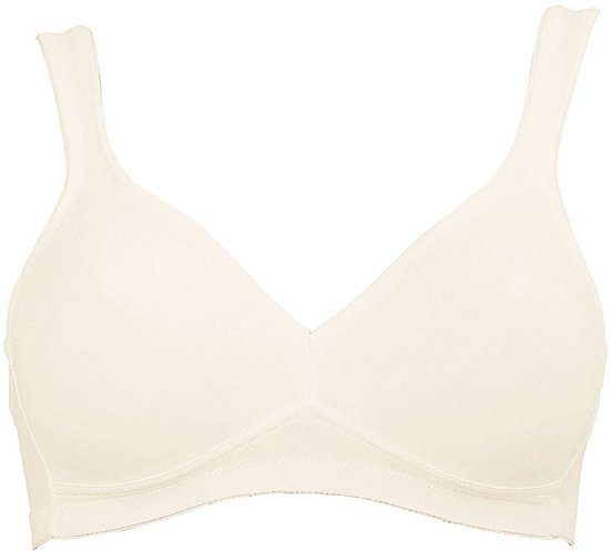 Lichtbeige beugelvrije bh met zachte cups en verstelbare bandjes.
