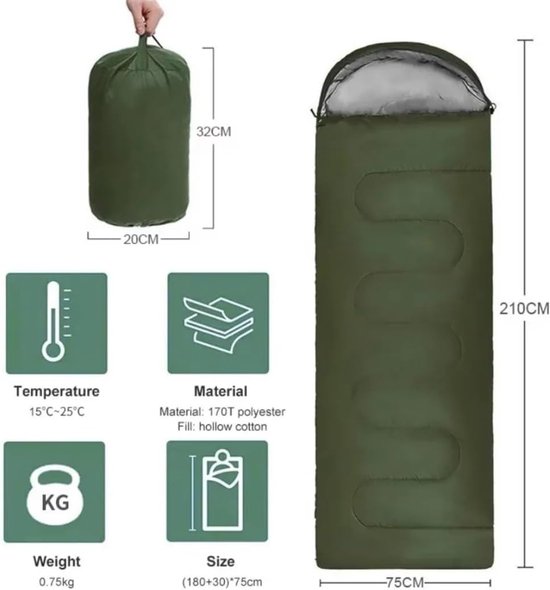 Kampeer Slaapzak - Outdoor Bivakzak - Kamperen en Reizen - Lichtgewicht Katoen Vulling - 210x75cm - Groen — afbeelding 5