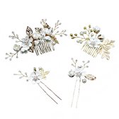 Bruidshaaraccessoires – 4-delige set – Grote haarkam 17x6cm – Haarspeld 10x3cm – Kleine haarkam 11x5cm – Haarspelden & kammen met bloemmotief – Haaraccessoires voor bruiloften – Exclusief ontworpen voor bruiden, bruidsmeisjes, vrouwen en meisjes