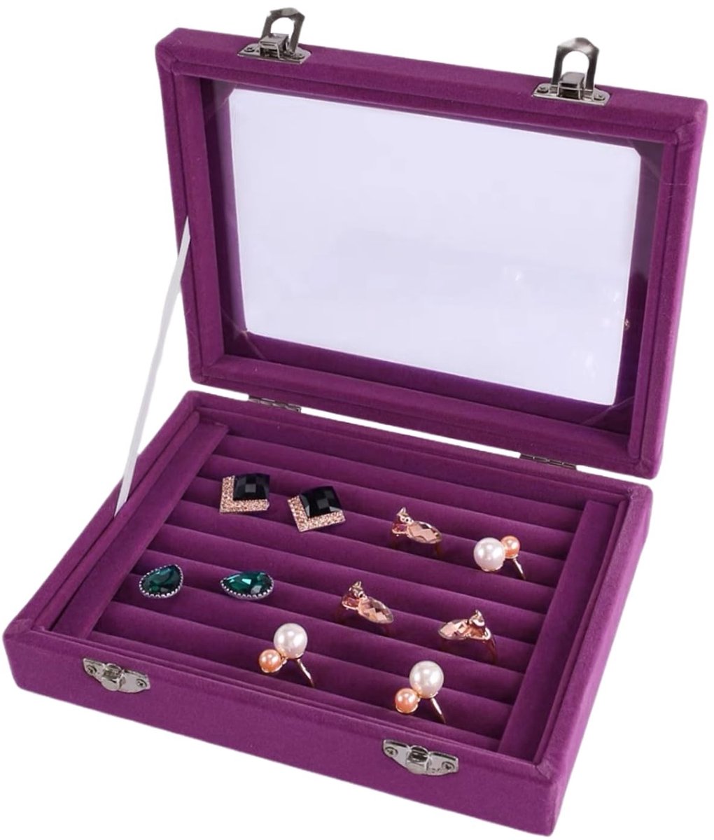 Tomotato Ringen Organizer Tray - 7 Slots Velvet Jewelry Box met Duidelijke Deksel - Paars