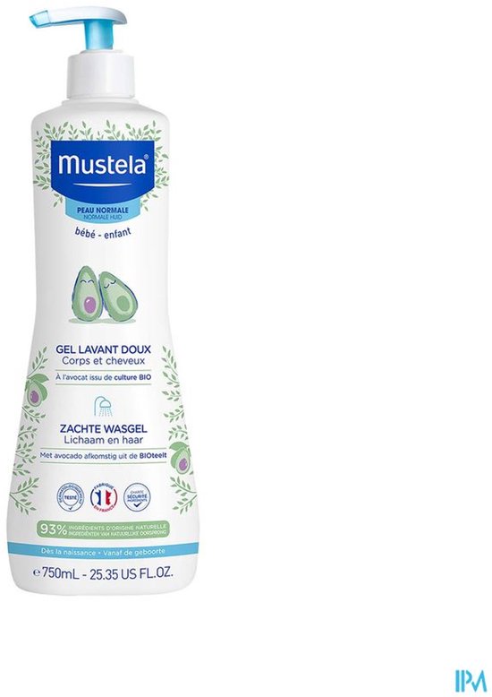 Mustela zachte wasgel 750ml, met avocado, voor baby en kind. Witte fles met blauwe pomp en groene avocado-illustraties.