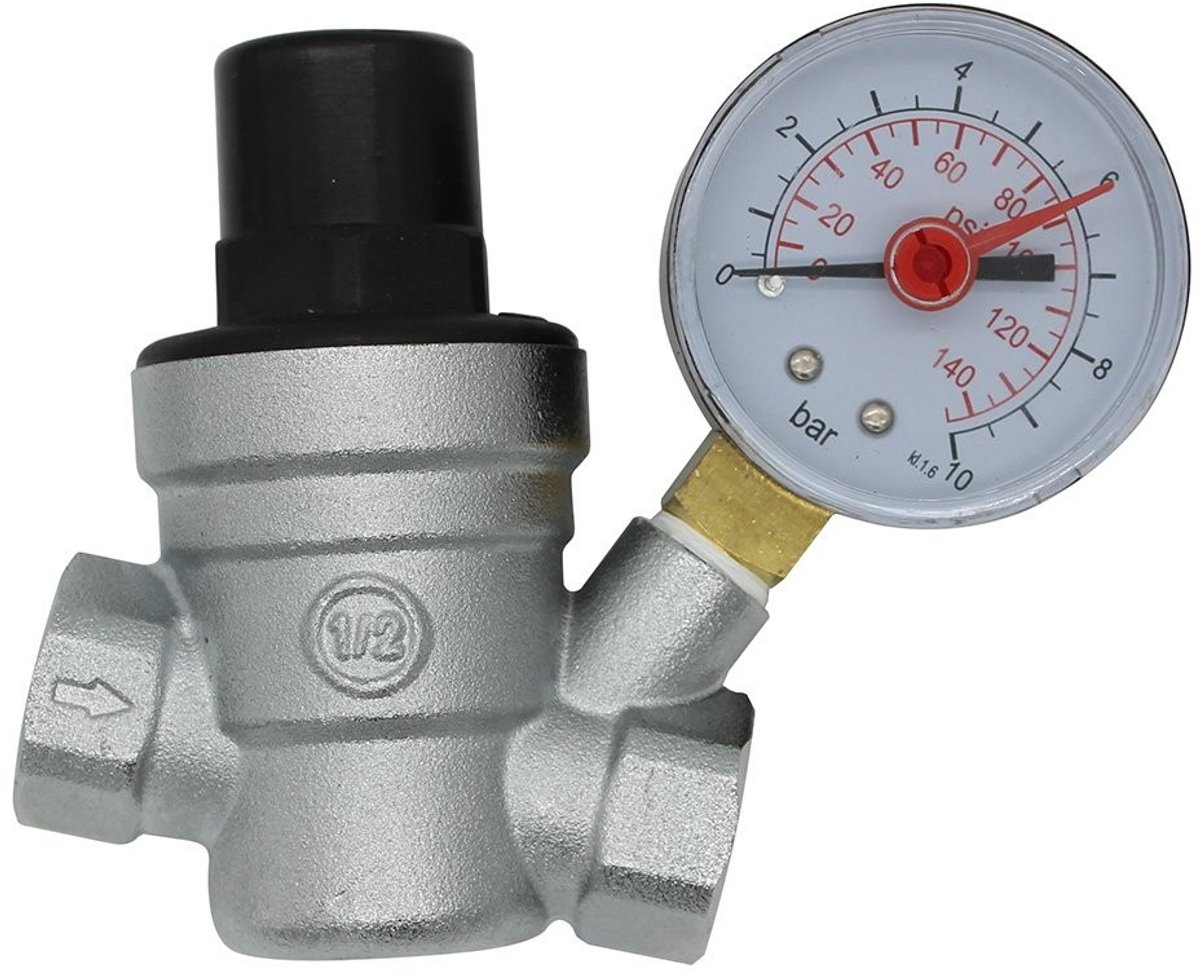 aladdien - Messing water drukverminderaar - waterdrukregelaar - met manometer - chroom - reduceerventiel - perfect voor huishoudelijk gebruik - DN15