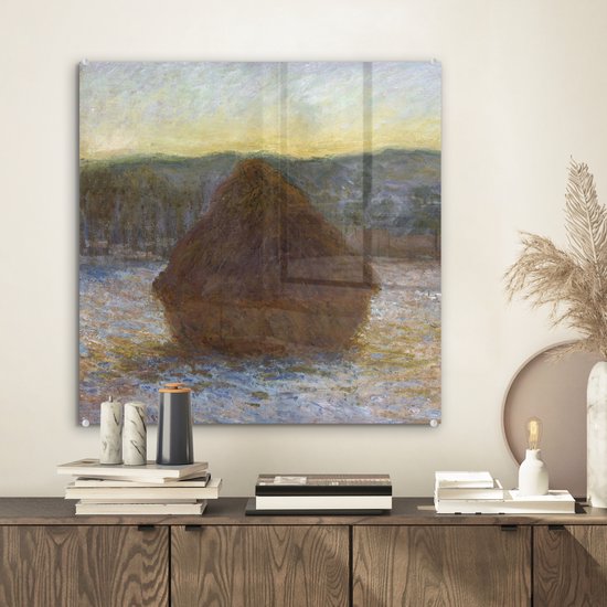 ® Glasschilderij 50x50 cm - Schilderij acrylglas - Hooiberg (dooi, zonsondergang) - Claude Monet - Foto op glas - Muurdecoratie woonkamer - Wanddecoratie slaapkamer - Schilderijen