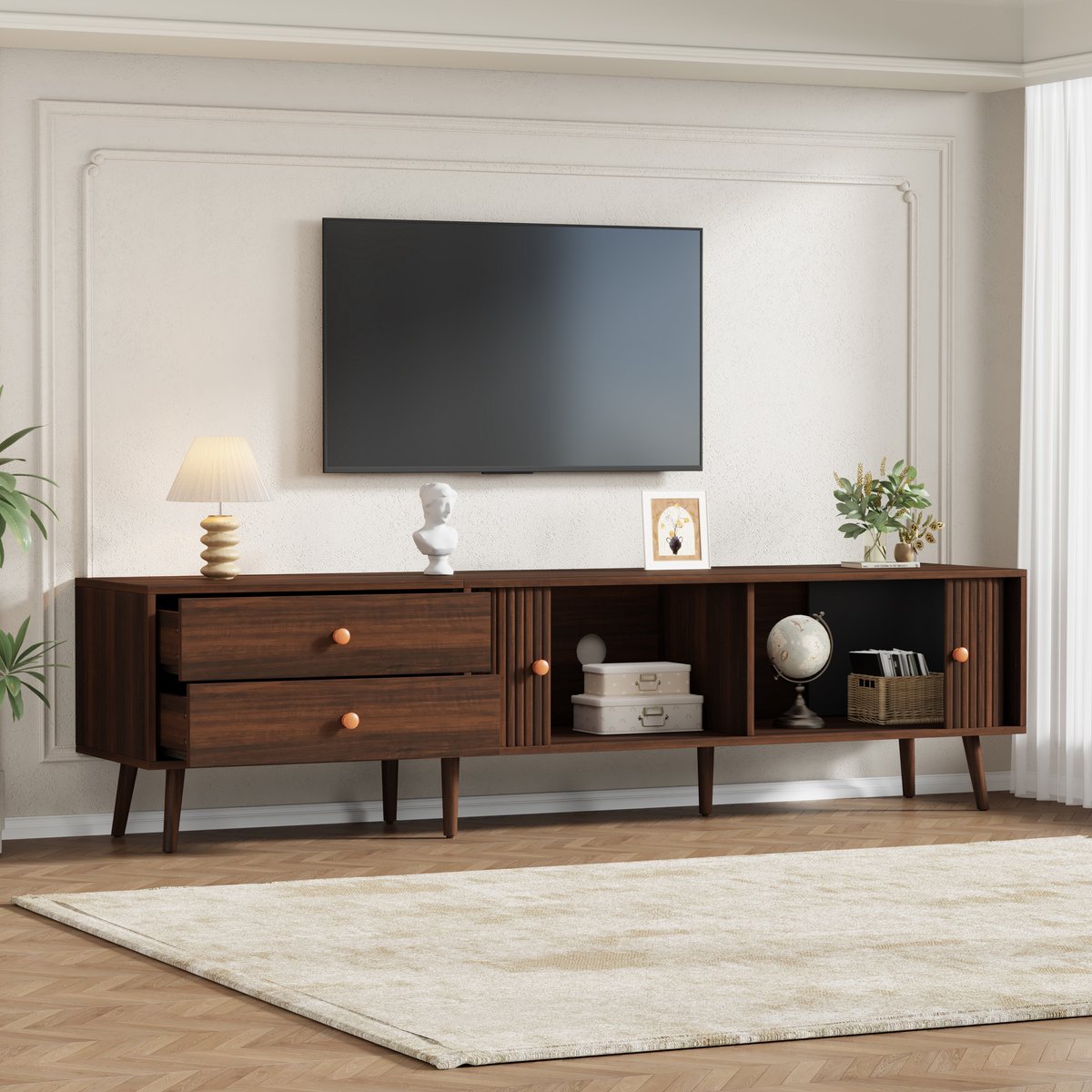180 x 40 x 46,5 cm tv-meubel - met twee lades - twee roldeuren en 7 poten - lage kast - woonkamerkast - walnootkleur