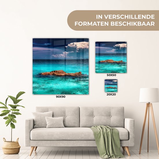 ® Glasschilderij 90x90 cm - Schilderij acrylglas - Skyline van Cancun met helderblauw water - Foto op glas - Muurdecoratie woonkamer - Wanddecoratie slaapkamer - Schilderijen