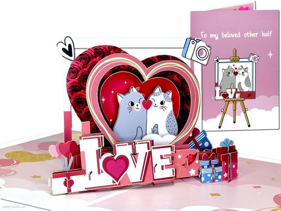 Popcards Pop-up Kaart - Verliefde Poezen in Fotolijstje | Katten Liefde Love Valentijnskaart Wenskaart 3D kaart
