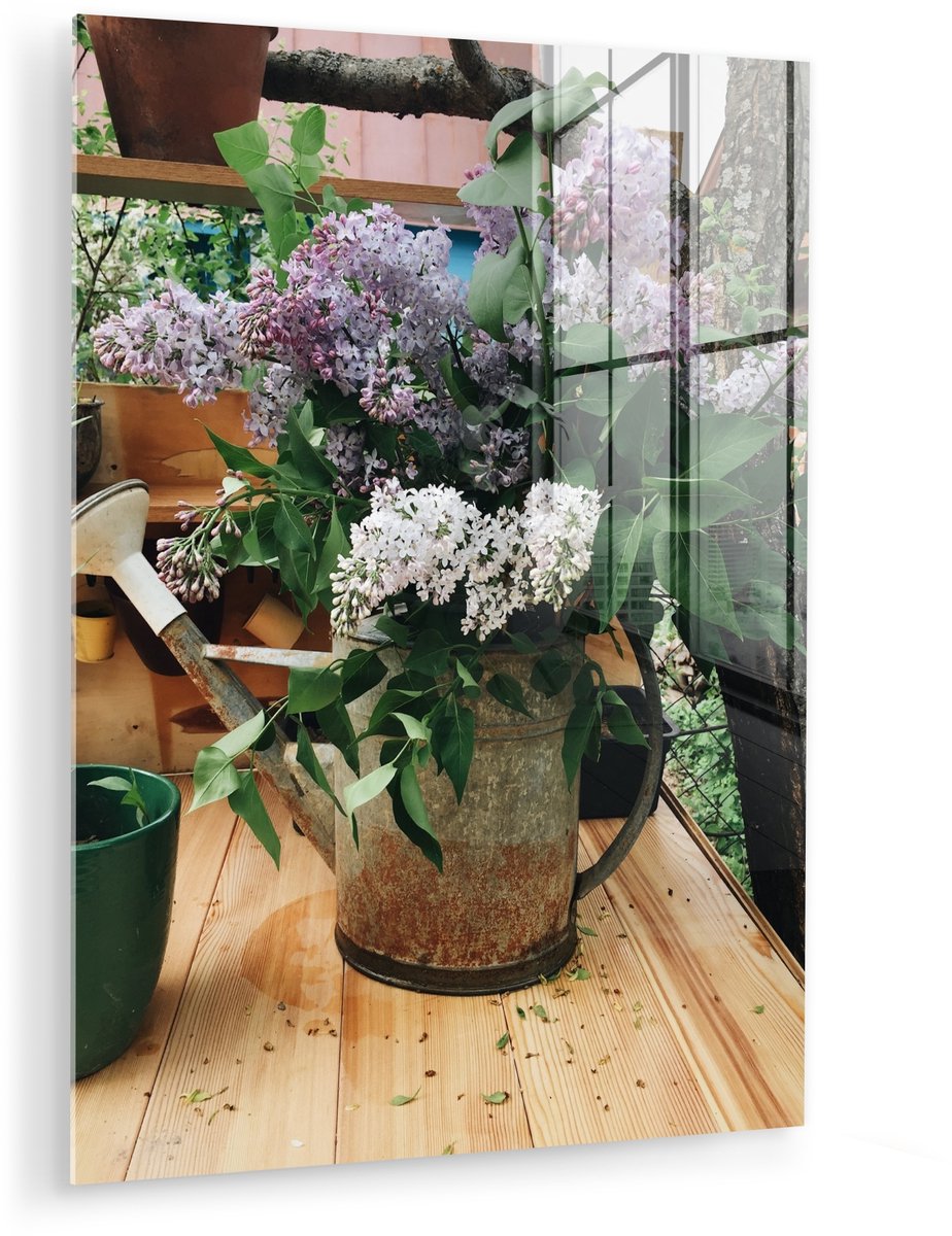 ® Glasschilderij 30x40 cm - Schilderij acrylglas - Gieter - Bloemen - Boeket - Foto op gla