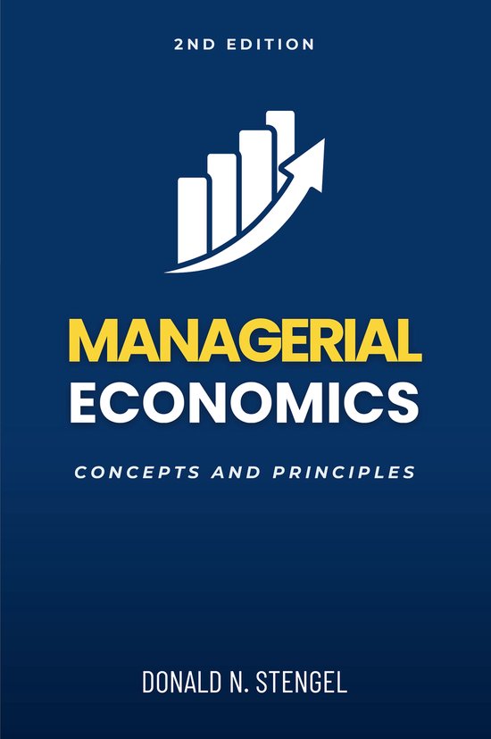 Boek met de titel "Managerial Economics 2nd Edition" in gele en witte letters op een marineblauwe achtergrond. Een grafiek met stijgende balken en een pijl wordt getoond.