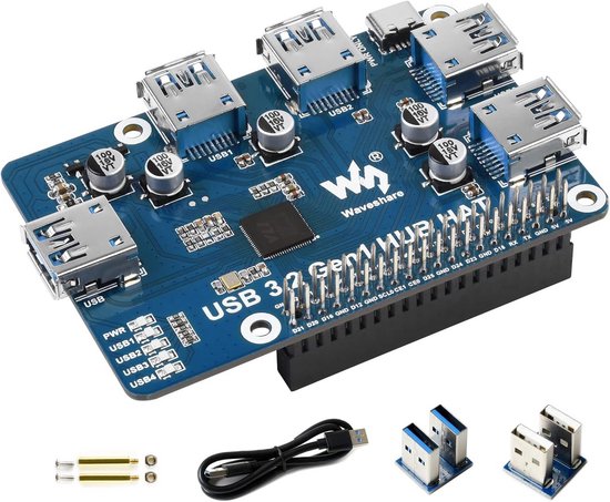 USB 3.2 Gen1 HUB HAT for Raspberry Pi 4B/3B+/3B/Zero/Zero W/Zero WH, 4x USB 3.2 Gen1 Ports, Driver-free, Plug & Play, Compatible with USB 3.0/2.0/1.1, Onboard External USB-C 5V DC