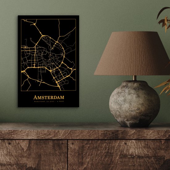 Décoration murale Métal - Aluminium - Carte - Amsterdam - Simple - Or - Zwart - 20x30 cm