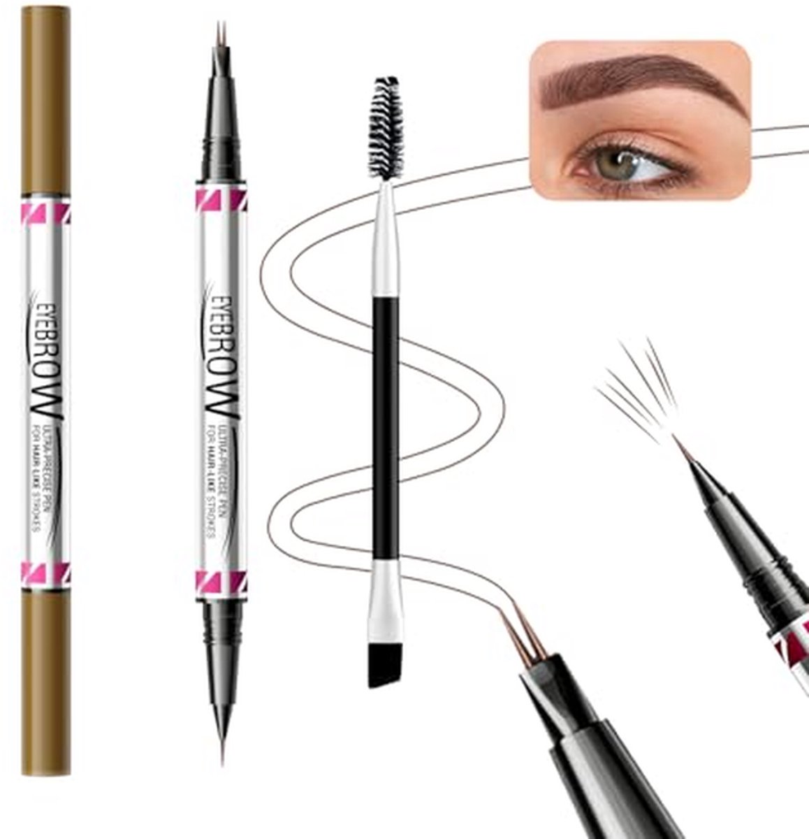 2-in-1 Wenkbrauw Pen Set met Micro-Vork Tips en Borstel - Waterproof en Natuurlijke Look