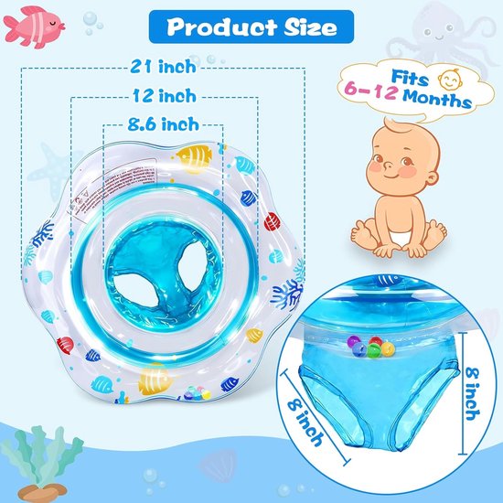 Babyzwemring - zitring - buikring voor baby's - opblaasbare drijfmat - zwemhulpmiddel - geschikt voor zwemtraining van baby's en peuters van 6-12 maanden - blauw - 52 cm - binnendiameter 21 cm — afbeelding 2