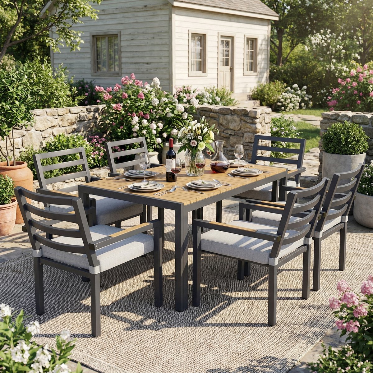 Tuineetset, Tuinmeubelset, Geschikt voor 6 Personen, Bestaande uit 1 Tafel en 6 Stoelen, Gegalvaniseerd Ijzer, Tafelblad van Kunststofhout, Grijs