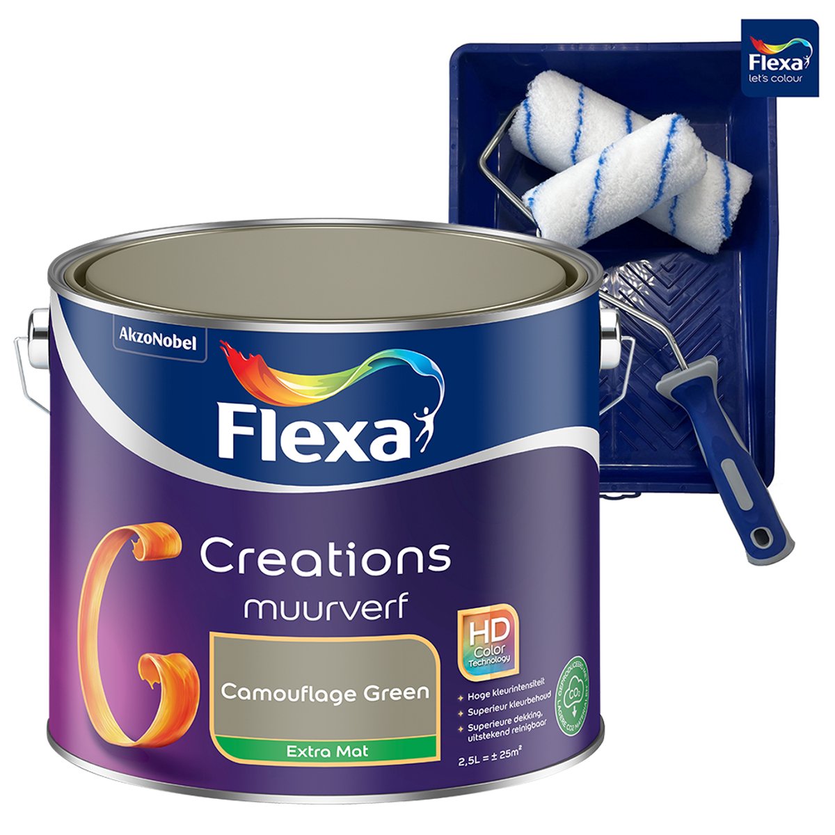 Voordeelpakket Flexa Creations - Muurverf - Extra Mat - Camouflage Green - Groen - 2,5 Liter + Muurverf Roller - 5 Delig