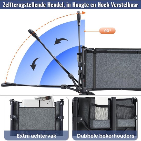 Opvouwbare handkar met grote all-terrain wielen, 120 liter, 100 kg draagvermogen, opvouwbare handkar met remmen, strandkar voor strand, tuin, camping, boodschappen, grijs van Merkloos — afbeelding 2