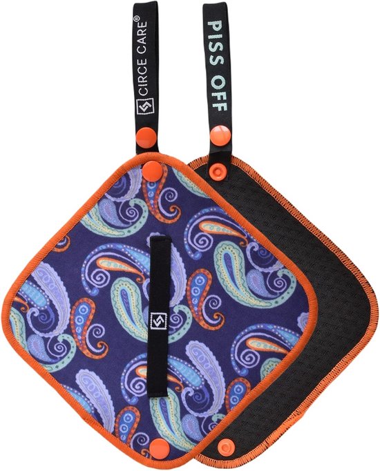 Paarse absorberende doek met oranje bies en paisley print, met gespen en lus voor ophangen.