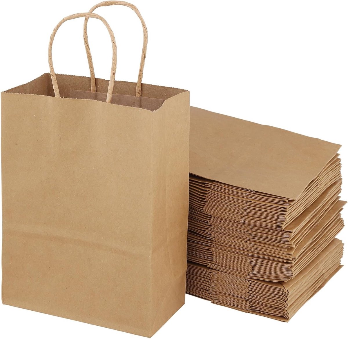 100 stuks bruine papieren zakken met handvat, 15 x 8 x 21 cm, kraft cadeauzakjes voor feesten, bruiloften en winkelen