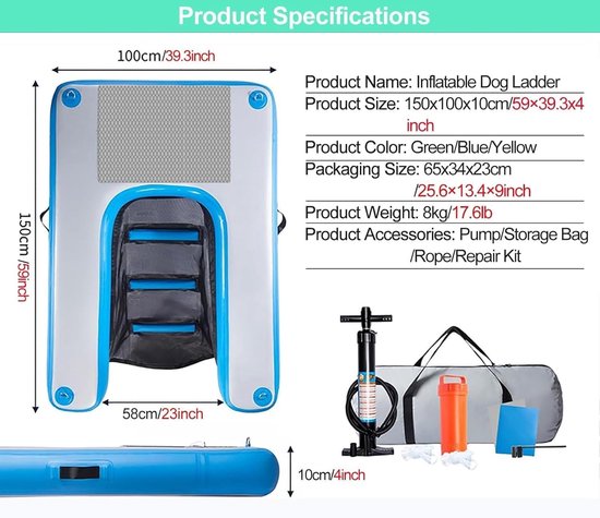 Blauwe, grijze en gele opblaasbare hondentrap met specificaties, inclusief pomp, opbergtas en reparatieset.