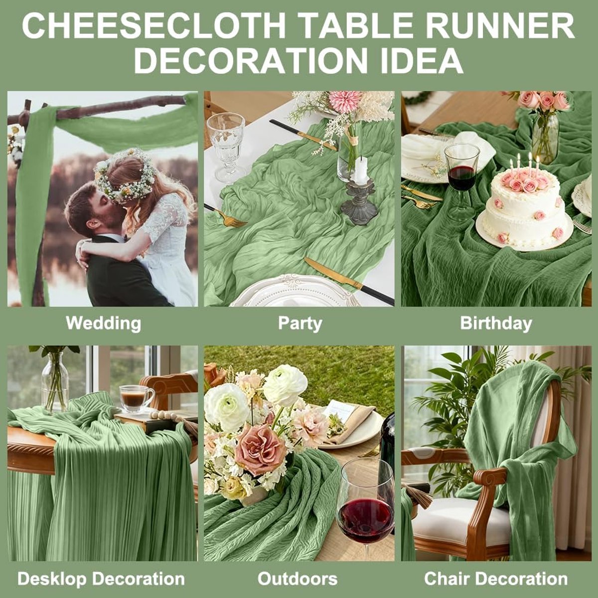 Tafel lopers set - Boho runners - Feestelijke decoratie - Ademend mesh stof - 90 x 300 cm - Lichtgroen