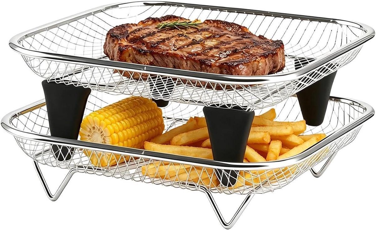 Airfryer Roosters Stapelbare Bakplaat Maaltijden Bereiden Roestvrij Staal Set van 2 Zilver