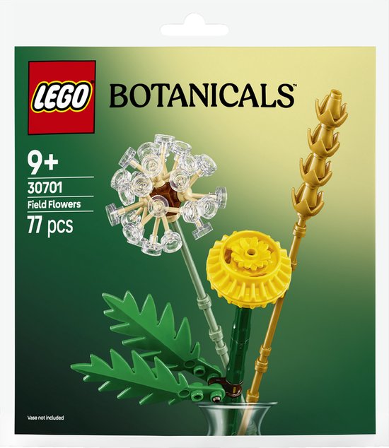 LEGO Botanicals 30701, 77 stukjes veldbloemen: een witte pluisbloem, gele tandwielbloem en gouden graanaren.