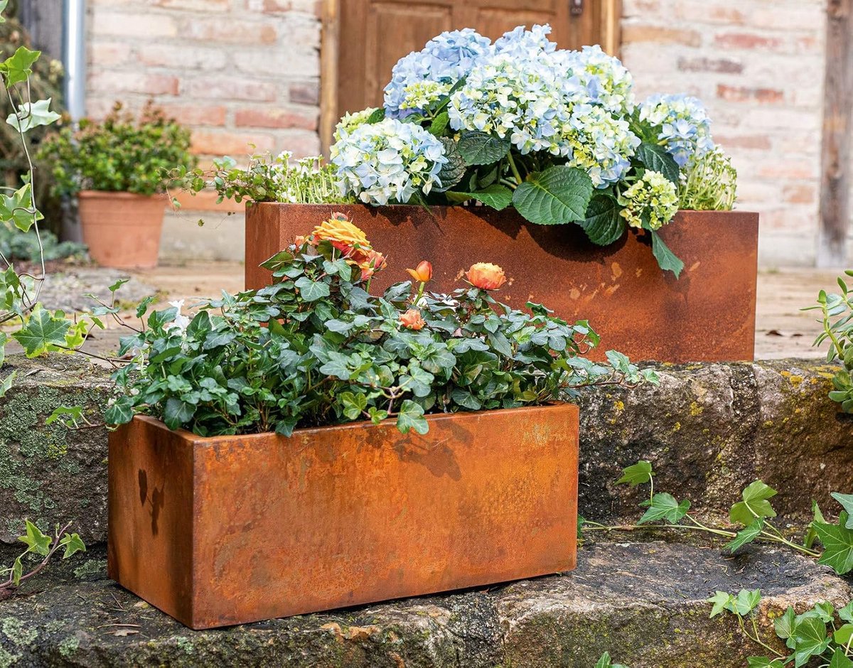 Set van 2 metalen plantenbakken in roest-look voor binnen en buiten