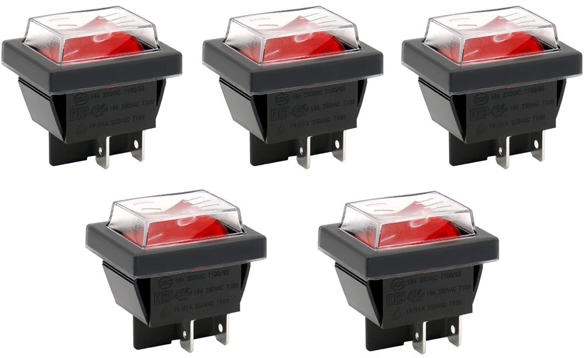 SPHProducts - Tuimelschakelaar - AAN-UIT 16A - Waterdicht - 5Pack - Lichtschakelaar - Voor binnen en buiten - Rood
