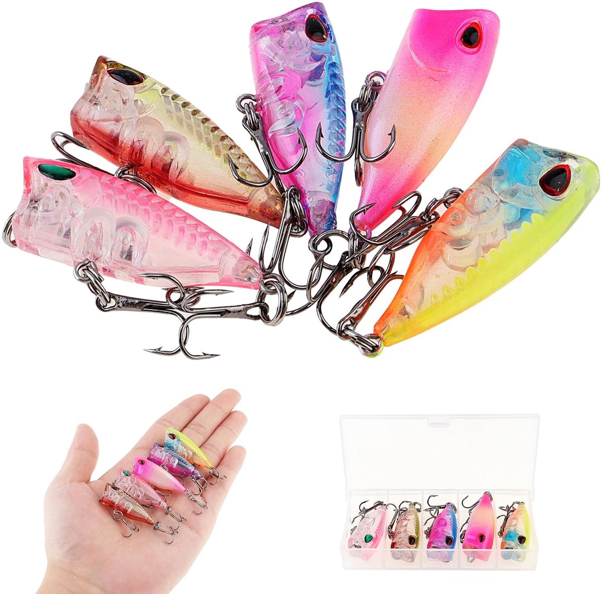 aladdien - Drijvende Vissen Lokken - Kunstmatige Aas - Meerkleurig - Popper Aas - Geschikt voor Pike Bass Perch - 5 Stuks
