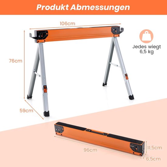 Zaagbokken Set - Werkbokken Steigers - Houtbewerking Klussen - Inklapbaar Zonder Montage - 500 kg Draaglast - Oranje Zwart — afbeelding 4