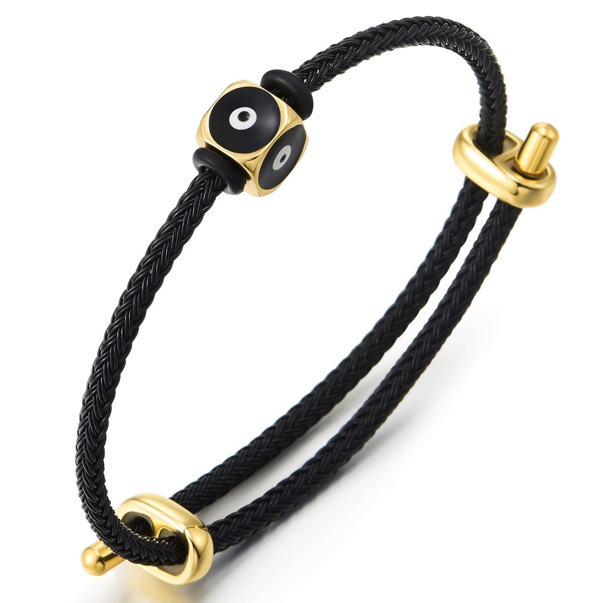ONF3 - Zwarte uitbreidbare draadarmband - Boze oog charme - Roestvrij staal - Unisex - Emaille - 17-25 cm - Geschikt voor dames en heren