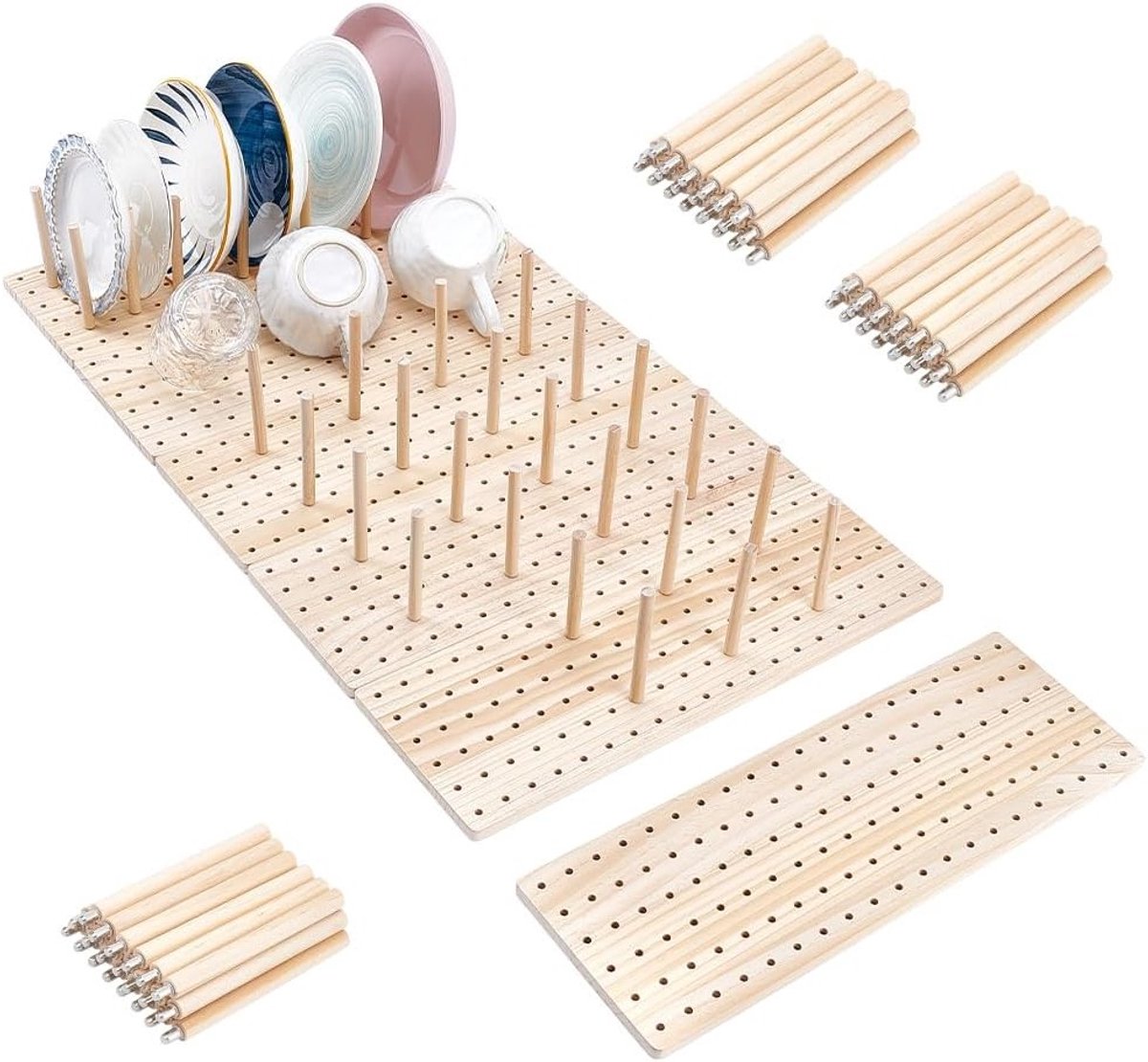 6-delige Houten Pegboard Lade Organizer Set - Inclusief 40 Pinnen en Schroeven - Perfect voor Keukenorganizer, Servies en Voedselopslag (17x5.9 inch)