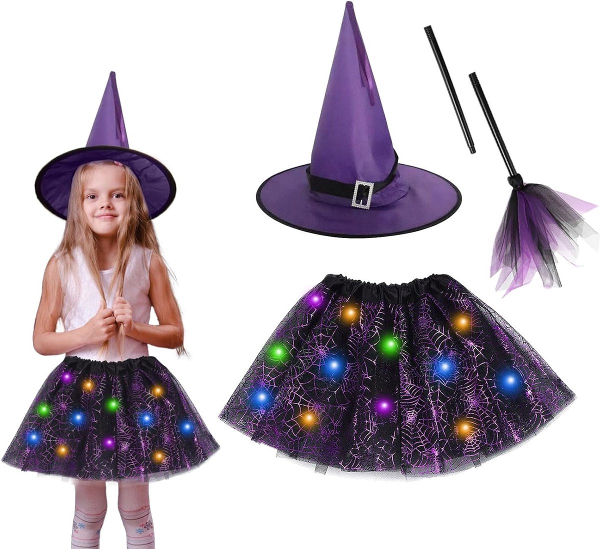 Halloween Tovenaarskostuum voor Kinderen, Verlicht Tutu Rok met Hoed en Bezem, Perfect voor Feestjes en Carnavalsactiviteiten