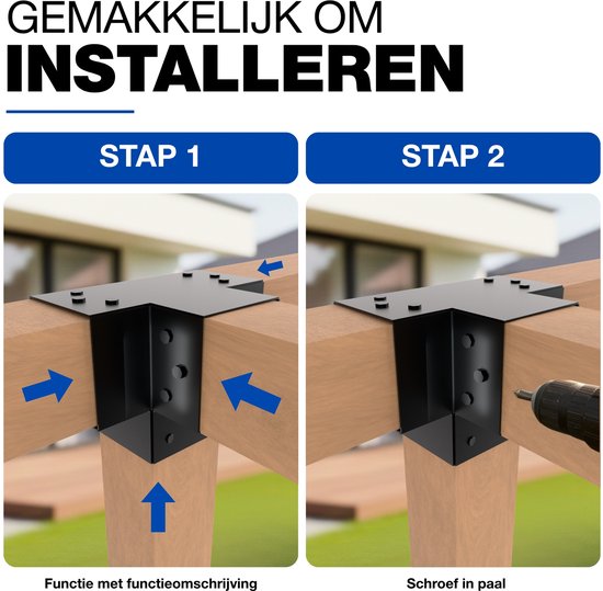 Stap-voor-stap installatie van de zwarte paalverbinder op houten balken.