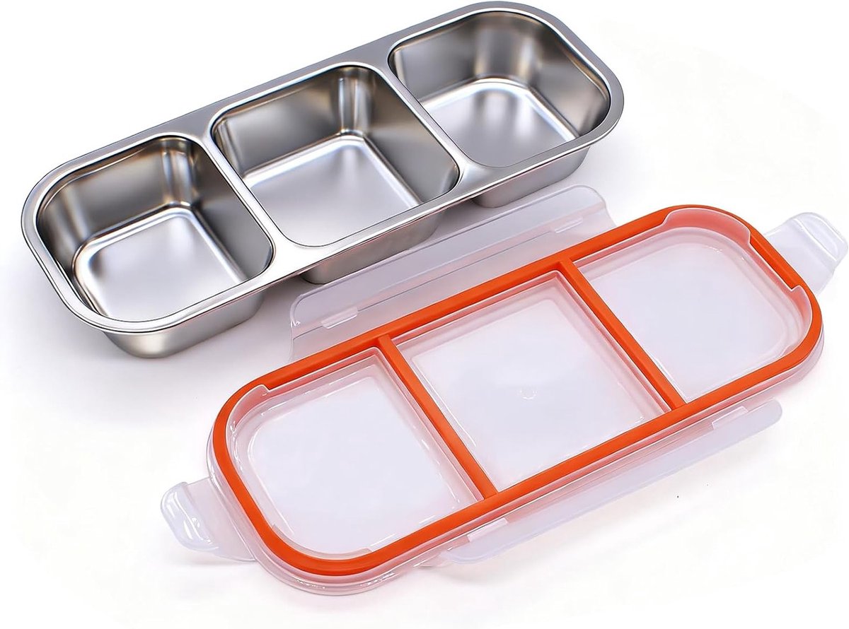 Snackdoos met Compartimenten voor Snoep, Noten en Groenten - RVS Snackbak met Deksel, 26.2 × 10.3 × 4 cm, Ideaal voor Tussendoortjes en Organisatie