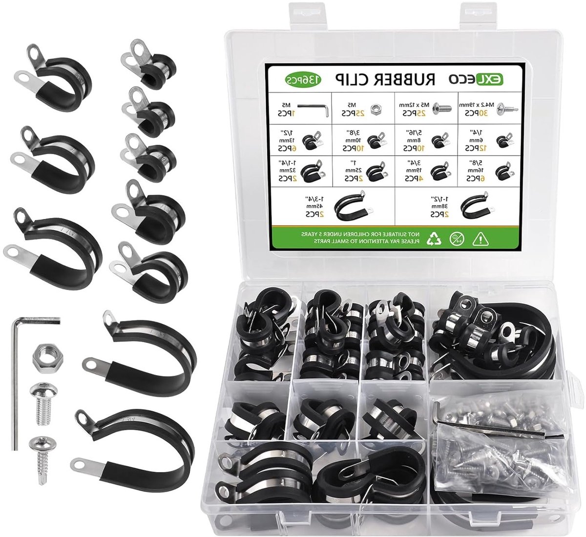 Set van 136 Kabelclips voor Bevestiging, RVS Klemmen met Rubber Inzet, Ideaal voor Buizen, Draden en Kabels van 6 mm tot 13 mm